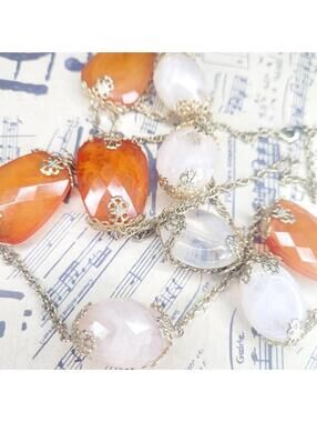 Avon SP Jewelry Long Single Strand Filigree Orange Tan Milky White Faceted Bead